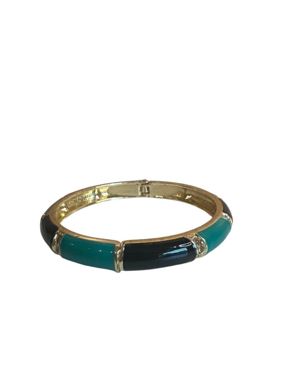 Enamel Hinged Bangle Bracelet Black & Teal Panels Rhinestone Accents Elegant